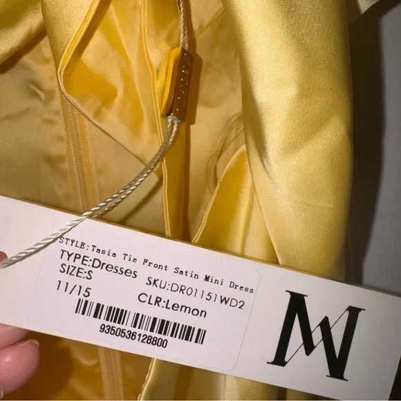 Meshki Tasia Tie Front Satin Mini Dress in Lemon yellow S NWT - Picture 9 of 16